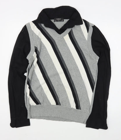 Additional front view of Nobco men’s grey collared striped acrylic jumper, size 2XL