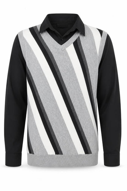 Front view of Nobco men’s grey collared striped acrylic jumper, size 2XL