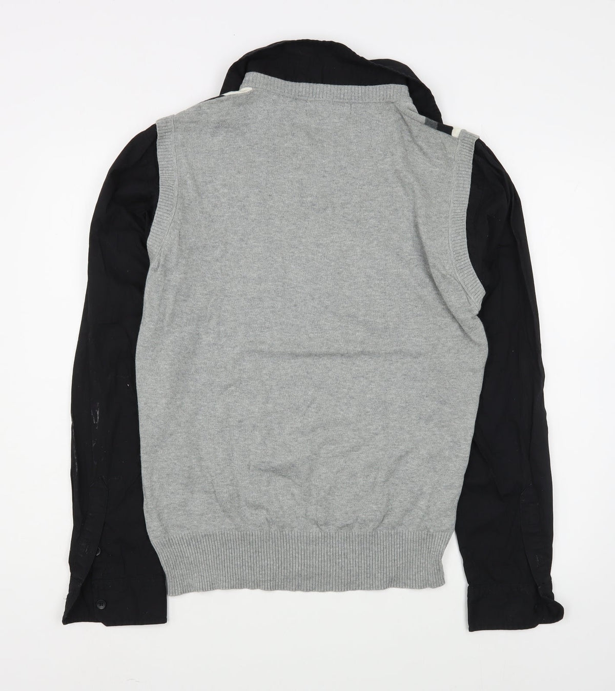 Back view of Nobco men’s grey collared striped acrylic jumper, size 2XL