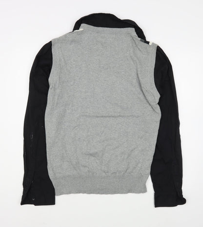 Back view of Nobco men’s grey collared striped acrylic jumper, size 2XL