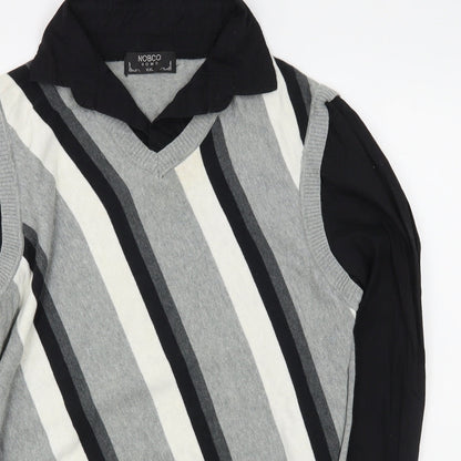 Close-up detail of Nobco men’s grey collared striped acrylic jumper, size 2XL