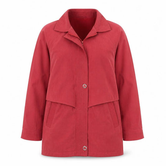 Front view of Gold women’s pink overcoat coat, size M, zip