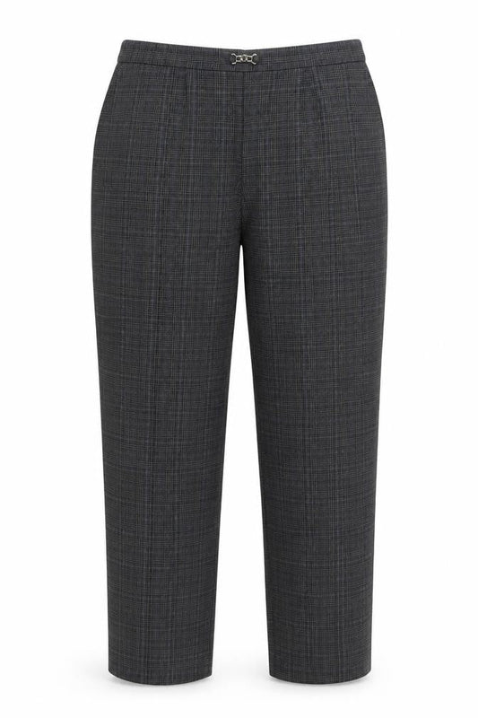Front view of Bonmarché women’s grey plaid polyester trousers, size UK 18, 27-inch leg regular