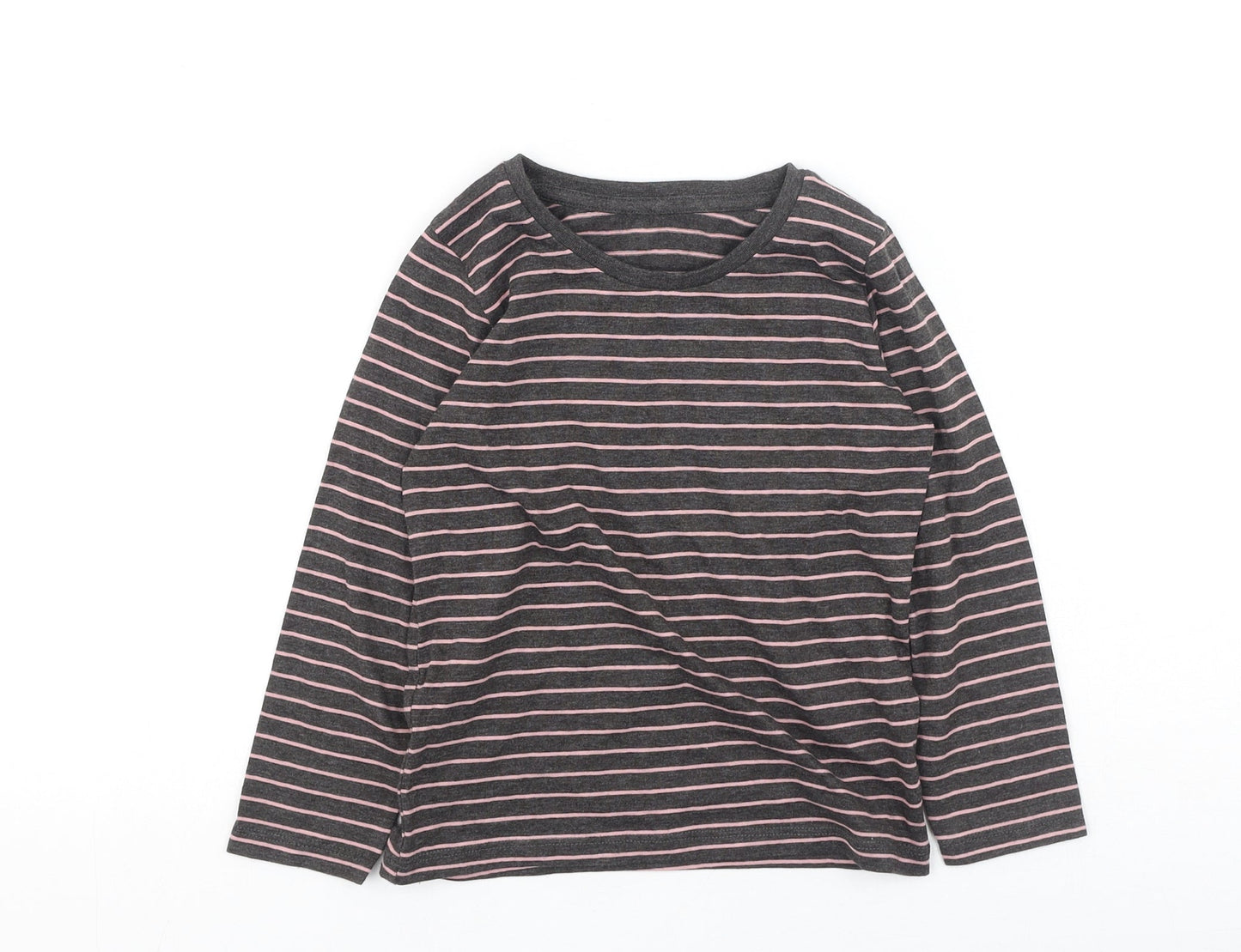 Preworn Girls Grey Striped Cotton Basic Casual Size 3-4 Years Round Neck