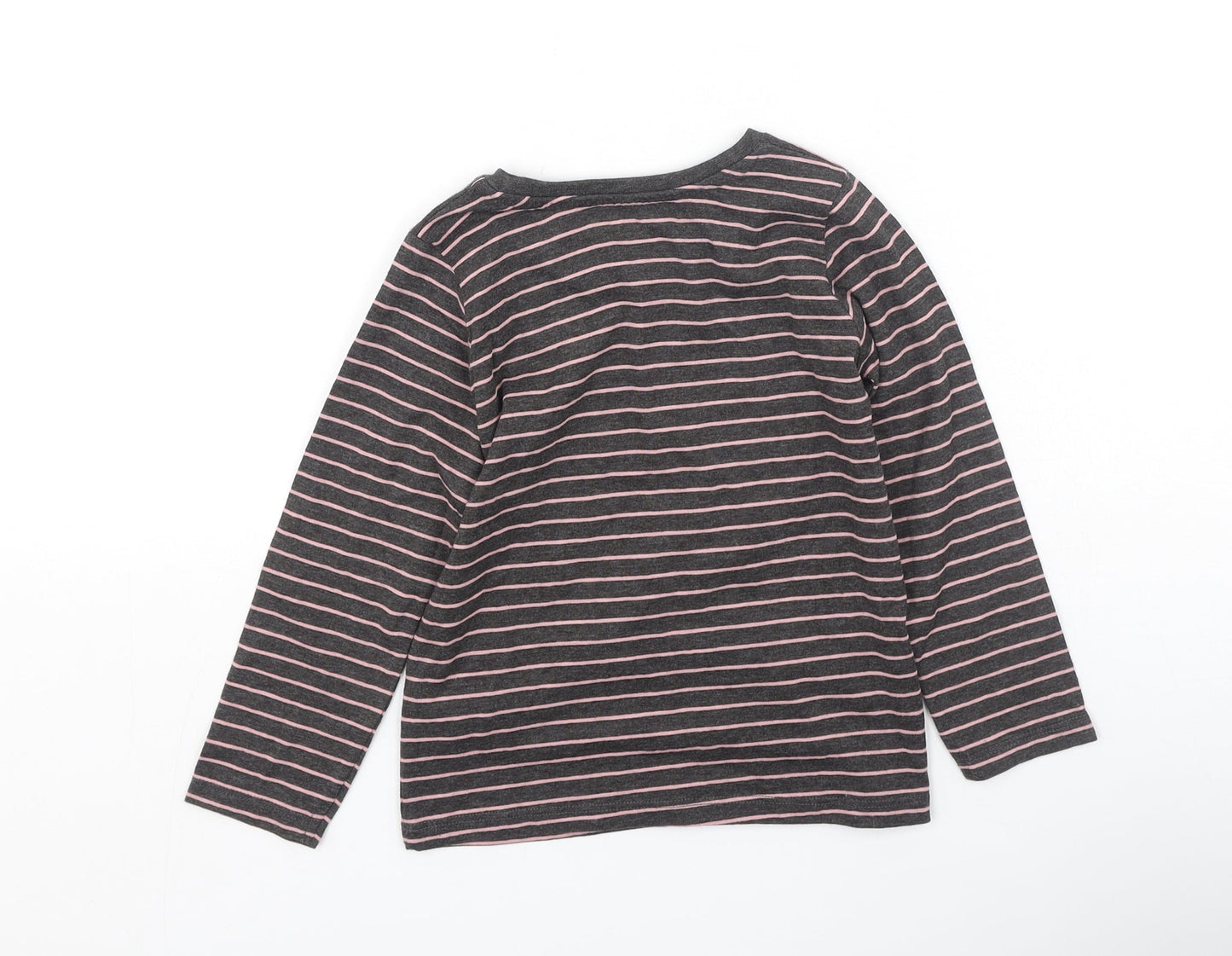 Preworn Girls Grey Striped Cotton Basic Casual Size 3-4 Years Round Neck