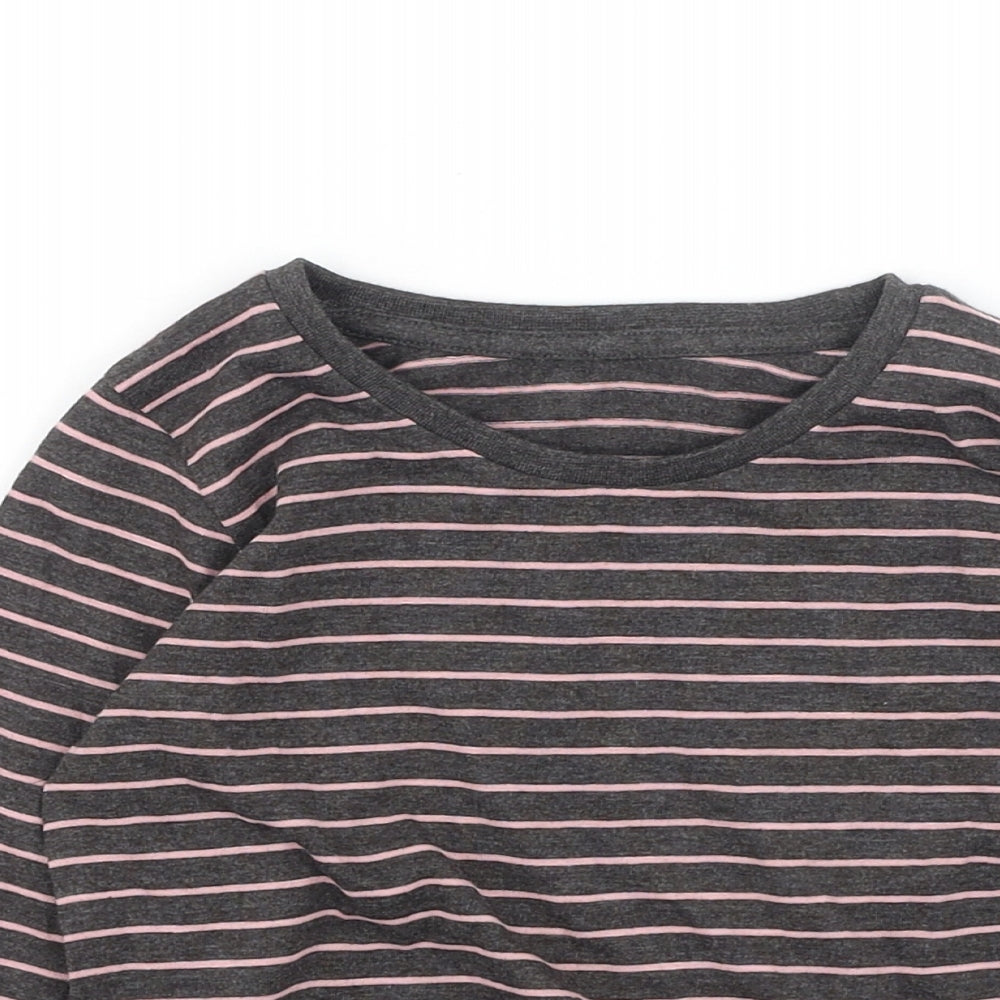 Preworn Girls Grey Striped Cotton Basic Casual Size 3-4 Years Round Neck