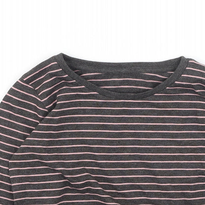 Preworn Girls Grey Striped Cotton Basic Casual Size 3-4 Years Round Neck