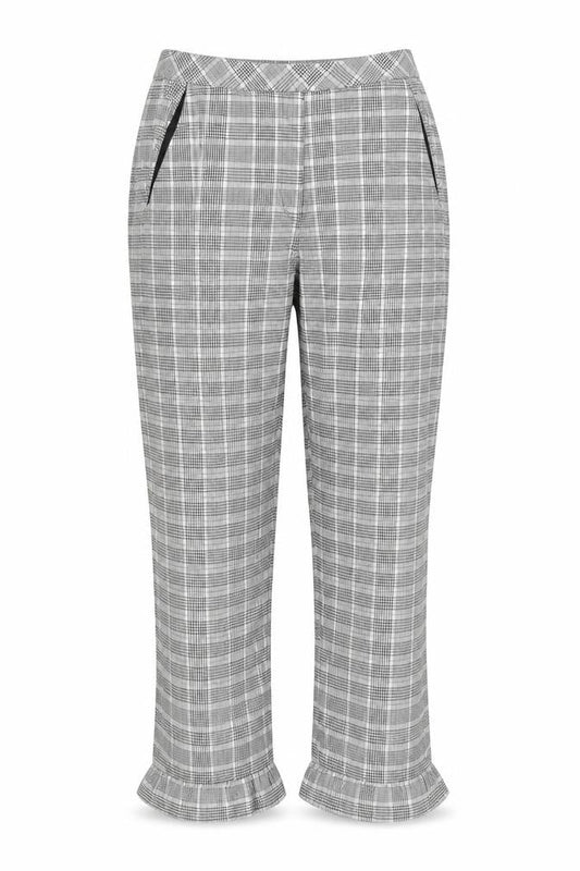 Front view of Topshop women’s grey plaid cotton trousers, size UK 8, 20-inch leg regular