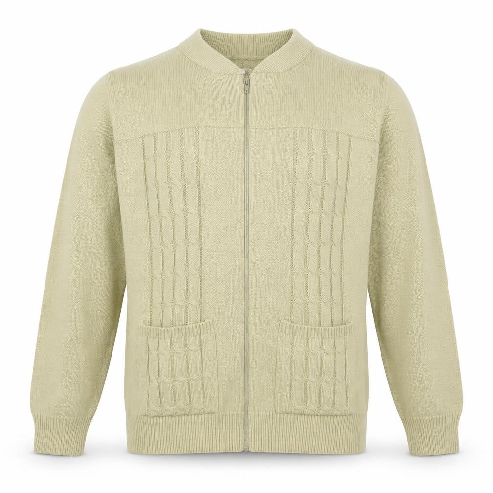 Front view of Carabou men’s beige crew neck acrylic full zip jumper, size M