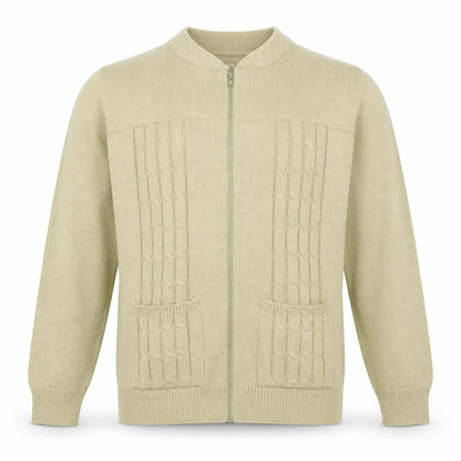 Front view of Carabou men’s beige crew neck acrylic full zip jumper, size M