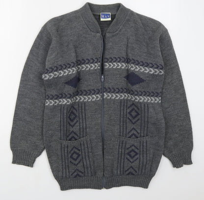 Premier Man Mens Grey V-Neck Geometric Acrylic Full Zip Jumper Size S