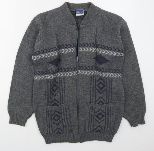 Premier Man Mens Grey V-Neck Geometric Acrylic Full Zip Jumper Size S