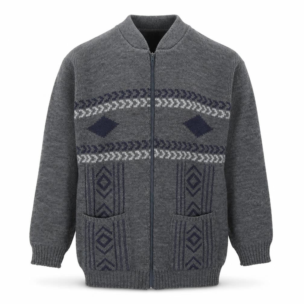 Front view of Premier Man men’s grey v-neck geometric acrylic full zip jumper, size S