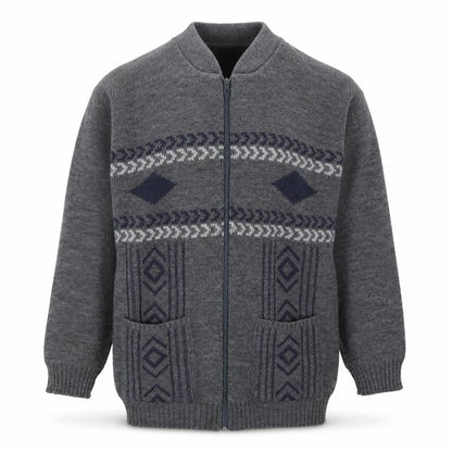 Front view of Premier Man men’s grey v-neck geometric acrylic full zip jumper, size S