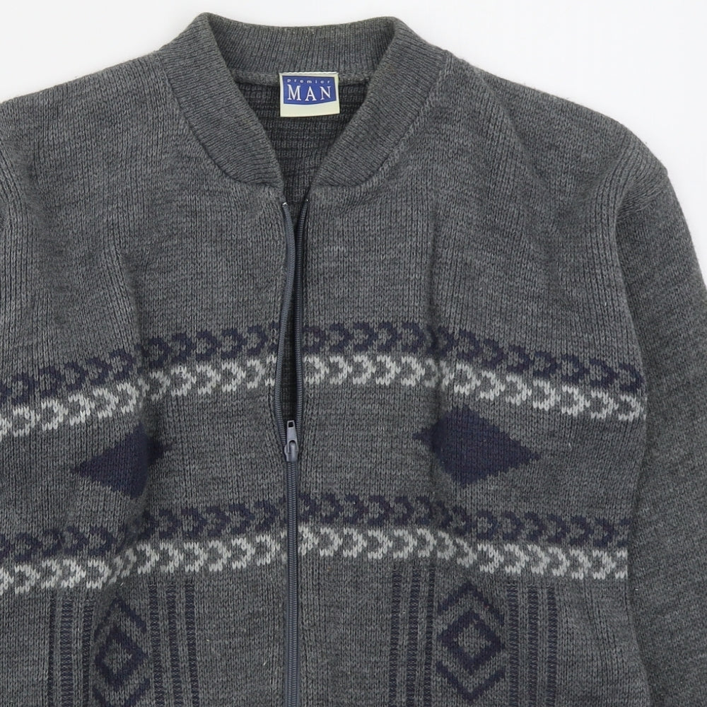 Premier Man Mens Grey V-Neck Geometric Acrylic Full Zip Jumper Size S