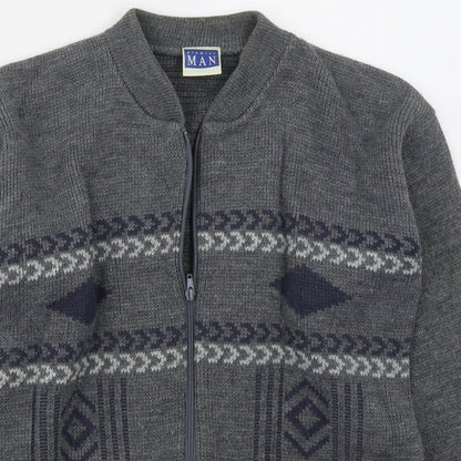 Premier Man Mens Grey V-Neck Geometric Acrylic Full Zip Jumper Size S