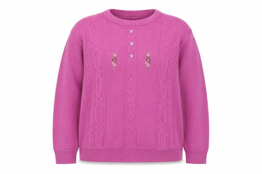Front view of Merry Gold women’s pink crew neck acrylic jumper, size S, - flowers