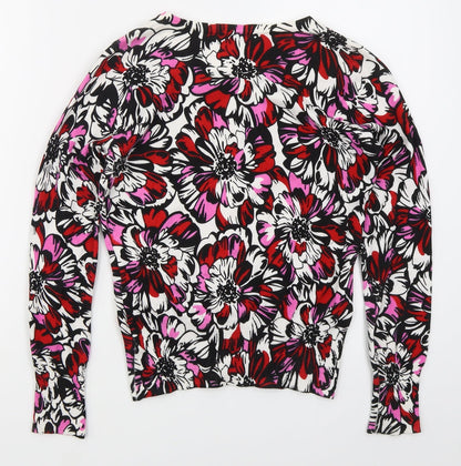 M&Co Womens Red Round Neck Floral Cotton Cardigan Jumper Size 10