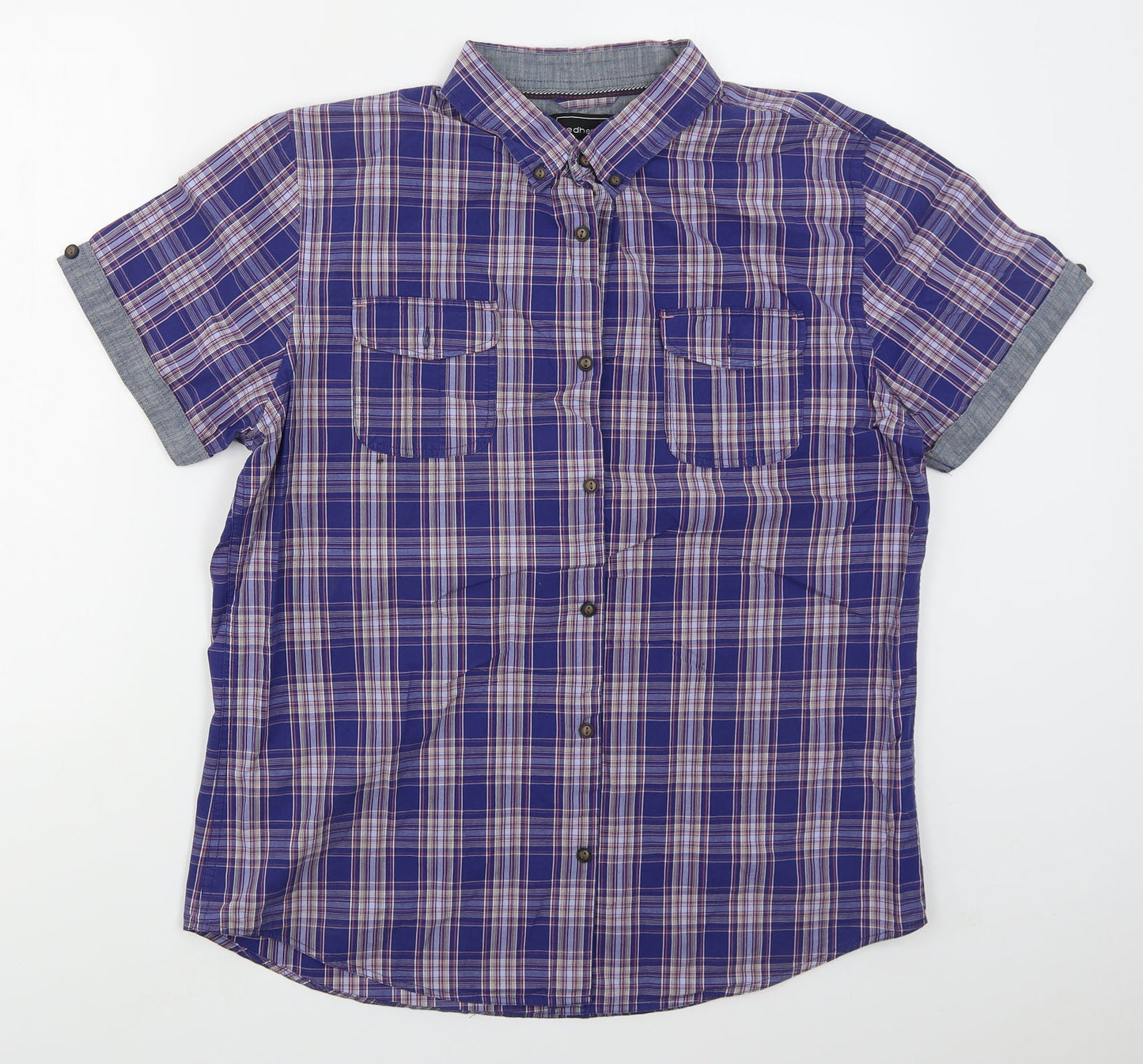Red Herring Mens Blue Check Cotton  Button-Up Size L Collared Button