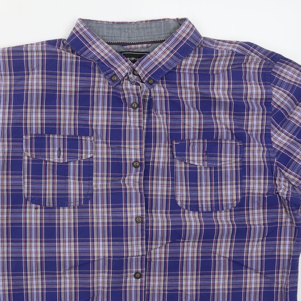 Red Herring Mens Blue Check Cotton  Button-Up Size L Collared Button