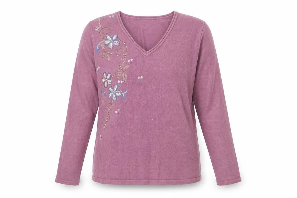 Front view of Fay Louise women’s purple v-neck floral acrylic jumper, size M