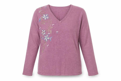 Front view of Fay Louise women’s purple v-neck floral acrylic jumper, size M