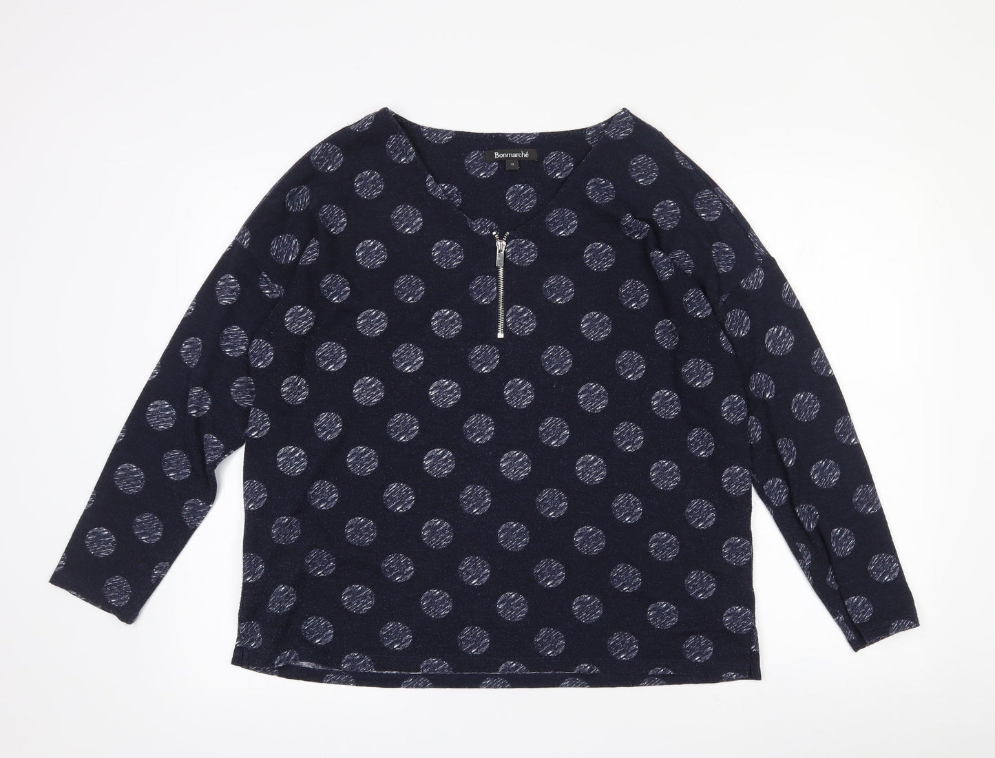 Bonmarché Womens Blue Polka Dot Polyester Jersey T-Shirt Size 12 Round Neck