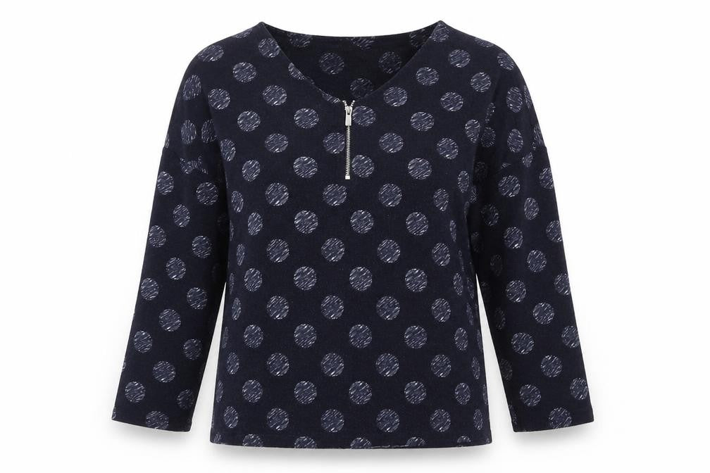 Front view of Bonmarché women’s blue polka dot polyester jersey t-shirt, size UK 12, round neck