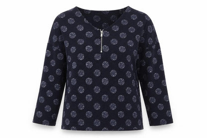Front view of Bonmarché women’s blue polka dot polyester jersey t-shirt, size UK 12, round neck