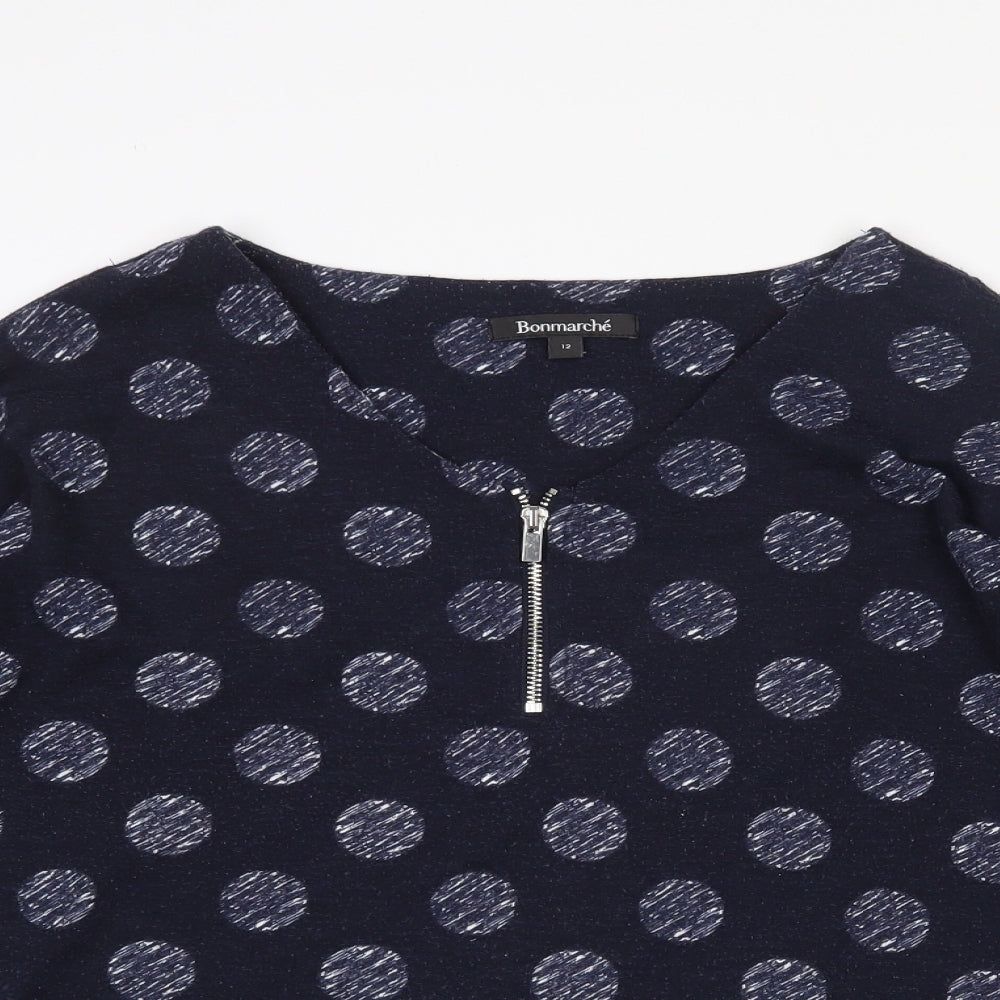 Bonmarché Womens Blue Polka Dot Polyester Jersey T-Shirt Size 12 Round Neck