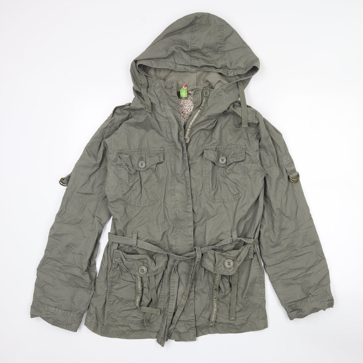 Additional front view of Demin Co women’s green overcoat coat, size UK 12, button
