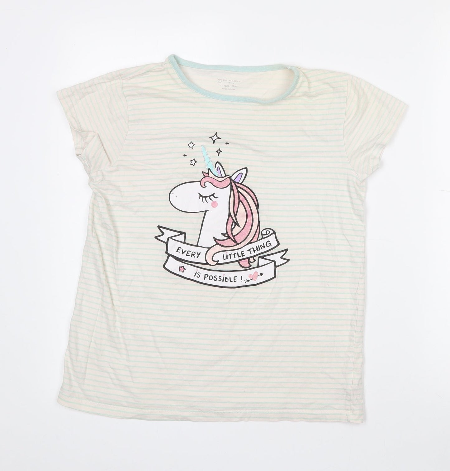 Primark Girls Ivory Striped Cotton Basic T-Shirt Size 11-12 Years Crew Neck  - Unicorn print