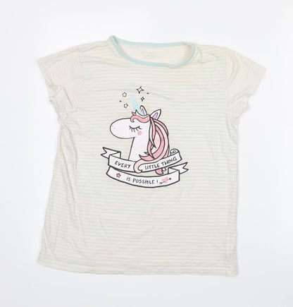 Primark Girls Ivory Striped Cotton Basic T-Shirt Size 11-12 Years Crew Neck  - Unicorn print