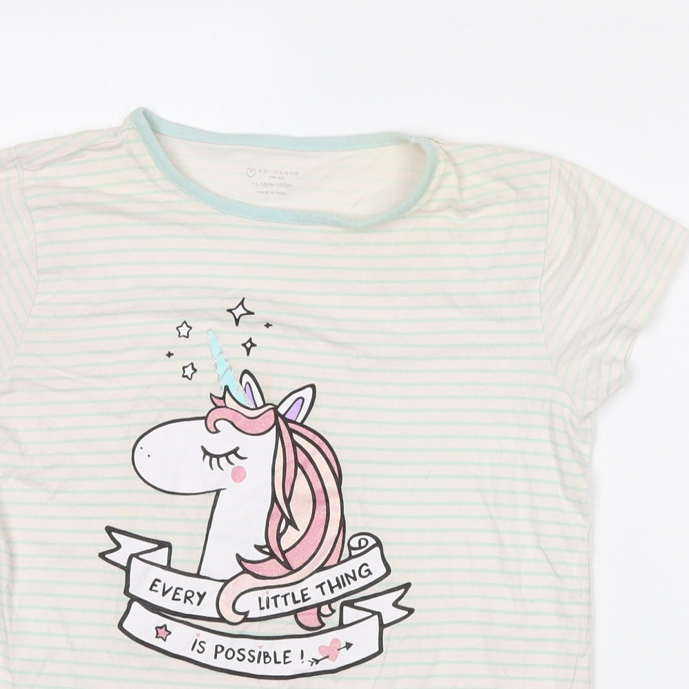 Primark Girls Ivory Striped Cotton Basic T-Shirt Size 11-12 Years Crew Neck  - Unicorn print