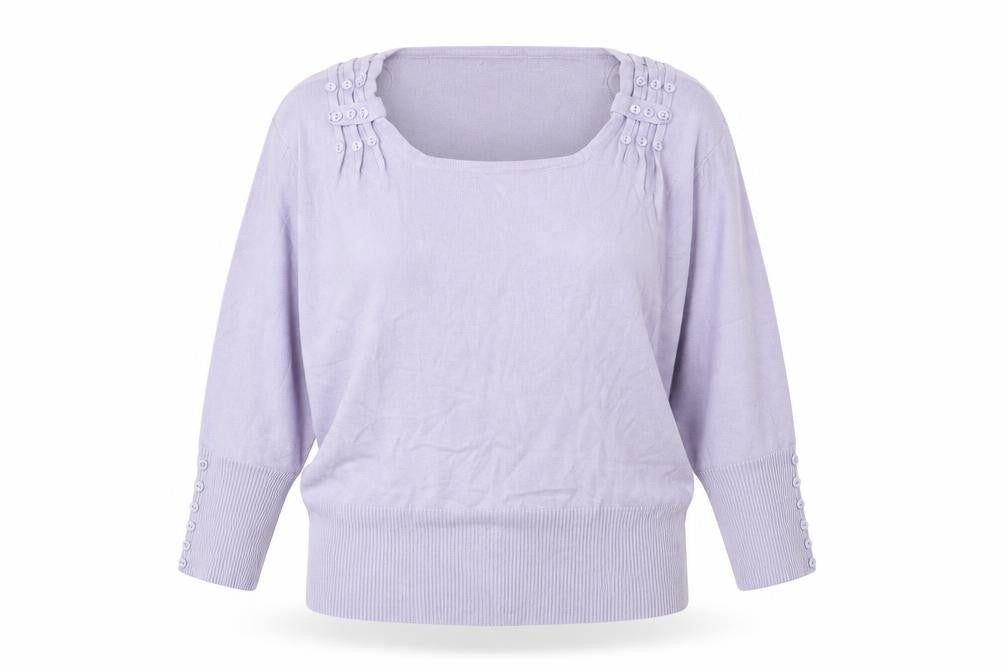 Front view of Preworn women’s purple scoop neck viscose jumper, size UK 14