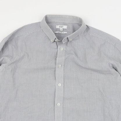 F&F Mens Grey Plaid Polyester  Button-Up Size 15.5 Collared Button