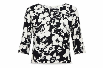 Front view of Marks & Spencer women’s black round neck floral viscose jumper, size UK 8