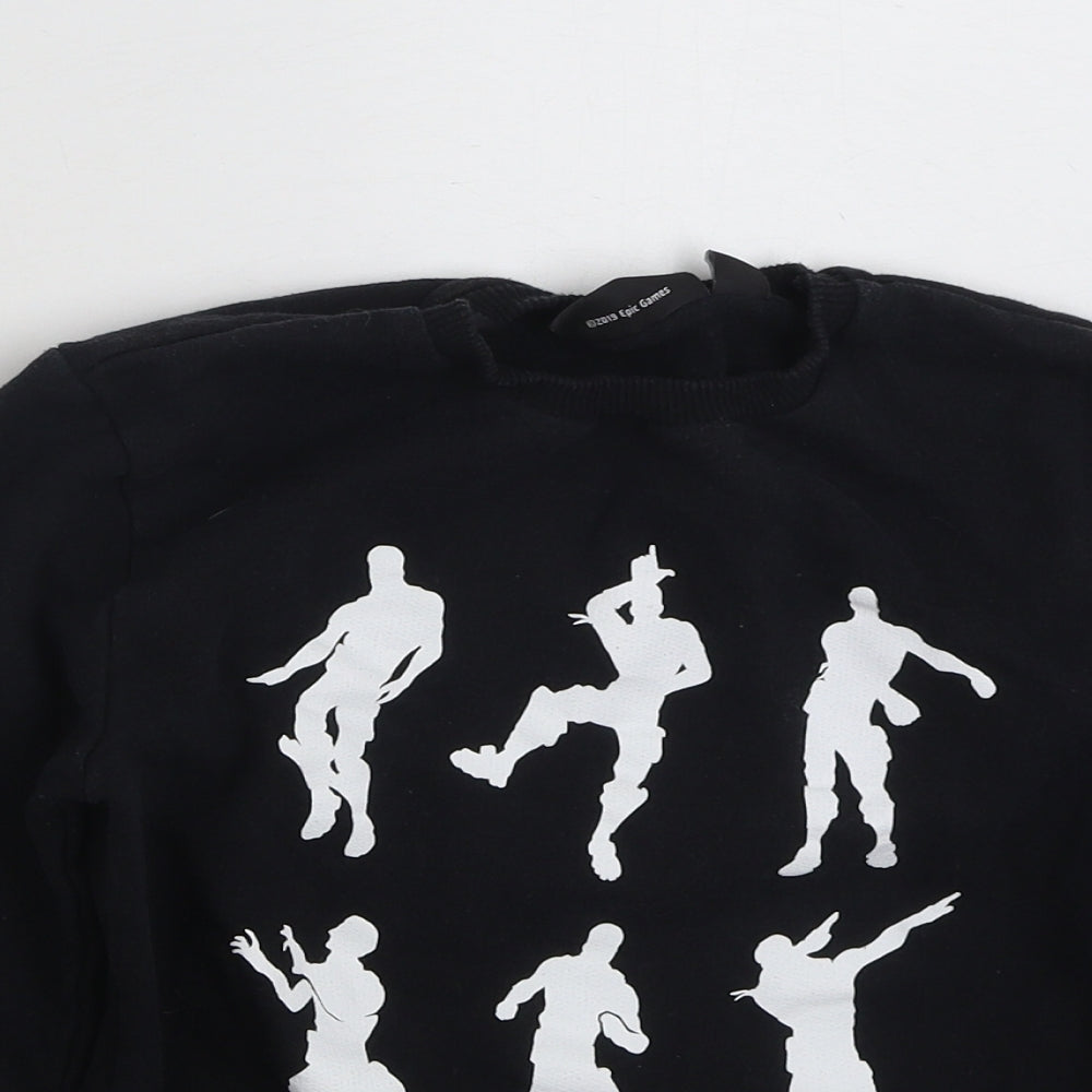 Close-up detail of Primark girls’ black polyester pullover sweatshirt, size M, pullover - fortnite