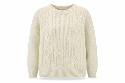 Front view of Amara Reya women’s beige round neck acrylic jumper, size UK 12