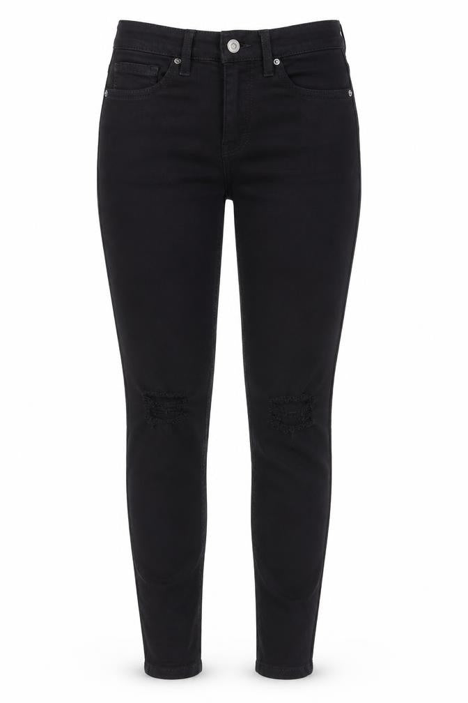 Front view of Topshop women’s black cotton skinny jeans, size UK 26, in, 30-inch leg regular button