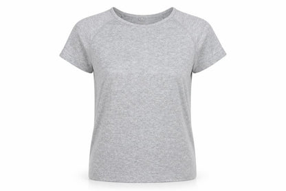 Front view of Work Out women’s grey polyester basic t-shirt, size S, crew neck pullover