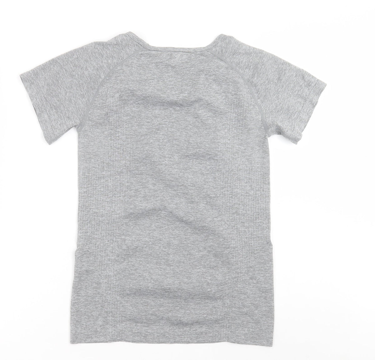 Back view of Work Out women’s grey polyester basic t-shirt, size S, crew neck pullover