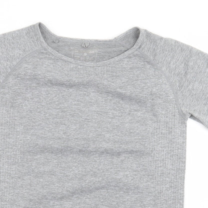 Close-up detail of Work Out women’s grey polyester basic t-shirt, size S, crew neck pullover