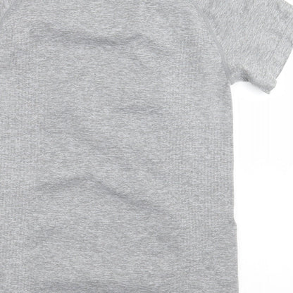 Brand and care label for Work Out women’s grey polyester basic t-shirt, size S, crew neck pullover