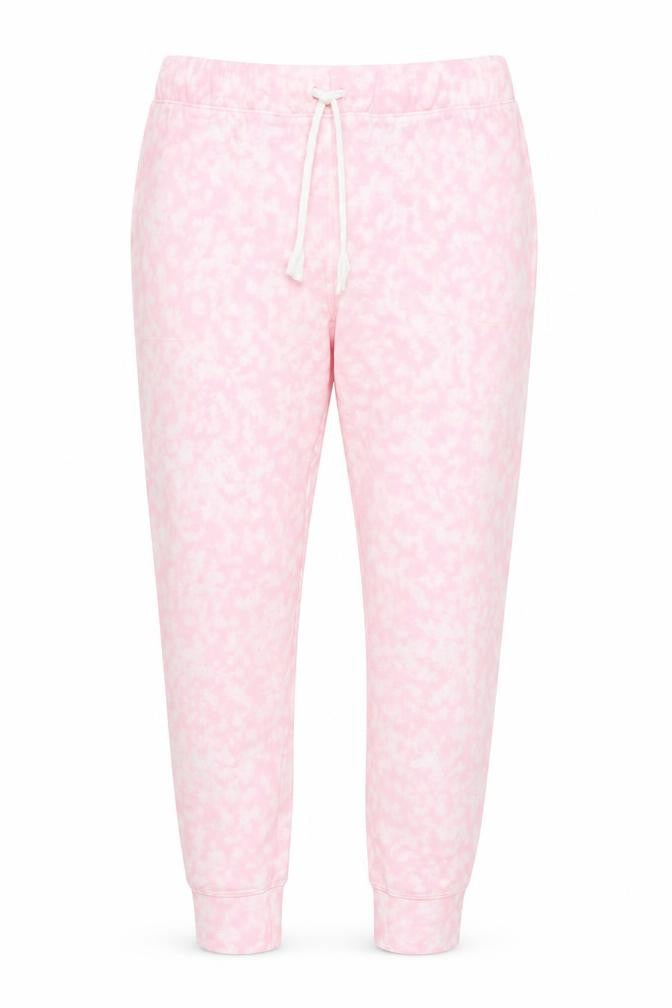 Front view of Preworn women’s pink polyester jogger trousers, size L, 28-inch leg regular