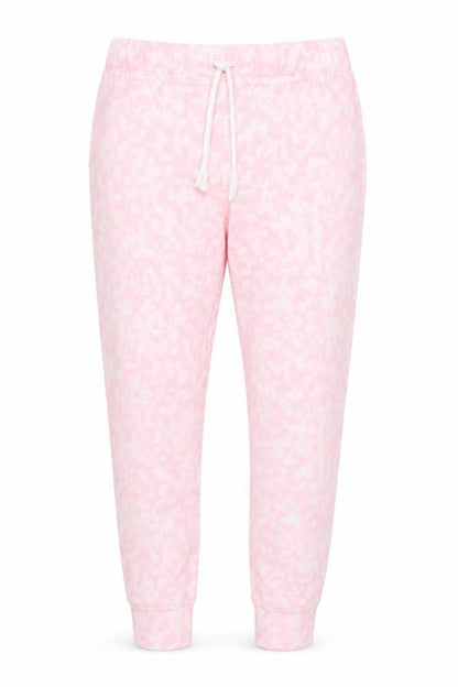 Front view of Preworn women’s pink polyester jogger trousers, size L, 28-inch leg regular