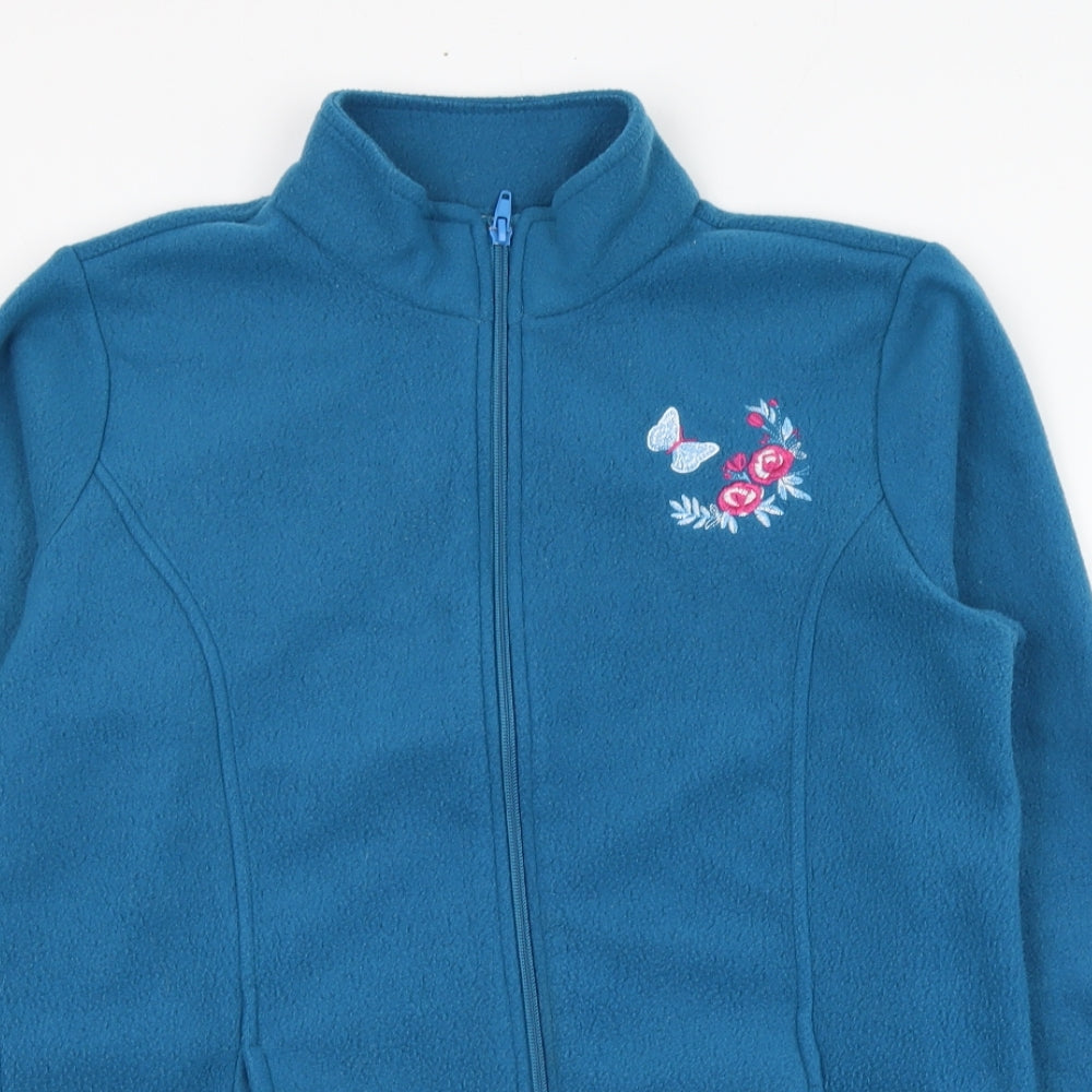 Close-up detail of Alison Vallee women’s blue polyester pullover sweatshirt, size S, zip - fleece