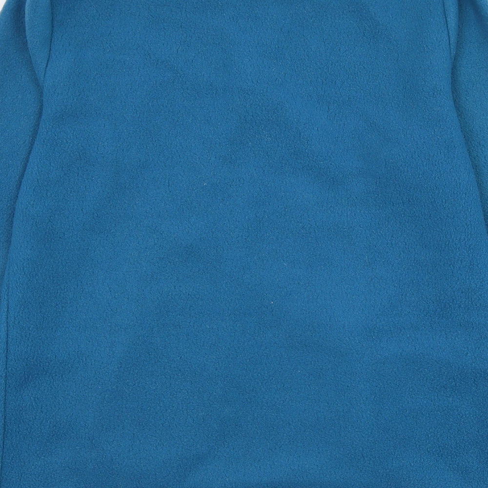 Brand and care label for Alison Vallee women’s blue polyester pullover sweatshirt, size S, zip - fleece