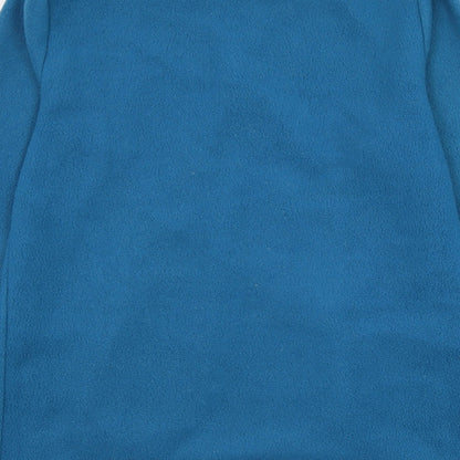 Brand and care label for Alison Vallee women’s blue polyester pullover sweatshirt, size S, zip - fleece