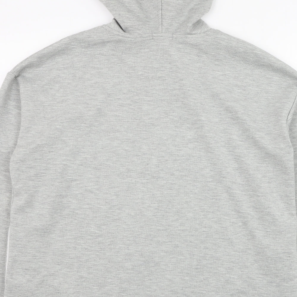 Brand and care label for Stradivarius men’s grey polyester pullover hoodie, size S